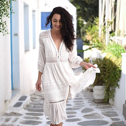 2019 Summer Women White Tunic Maxi Dress