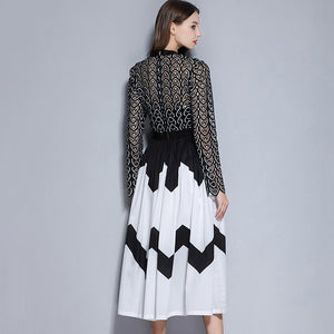2019 Women's Long Sleeve Elegant Long Pleated Embroidery Dress